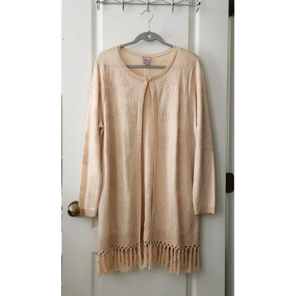 Chico's Womens Cardigan Barely Blush Floral Stitch Tassel Hem Sweater Size 3